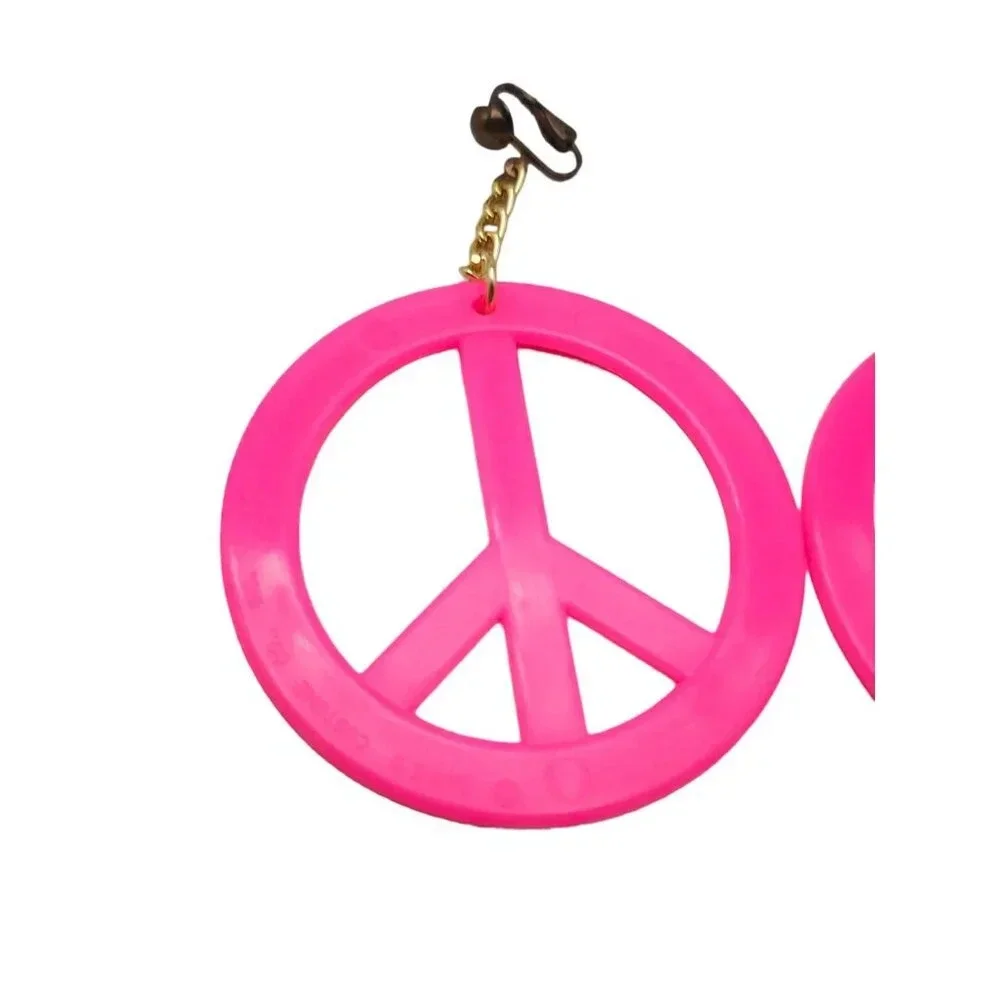 Pink Kitsch Peace Symbol Dangle Drop Earrings Gold Tone Vintage